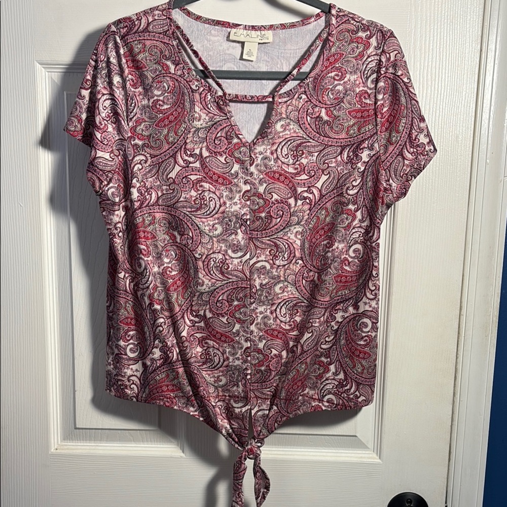 Emaline Petite Pink Paisley Front Tie-Front Blouse Top PL